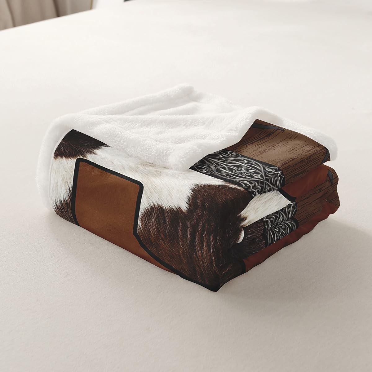 Erosebridal Cowhide Fleece Blanket Western Texas Star Sherpa Blanket 90"x90", Farm Animals Print Farmhouse Cowboy Fuzzy Plush Throw