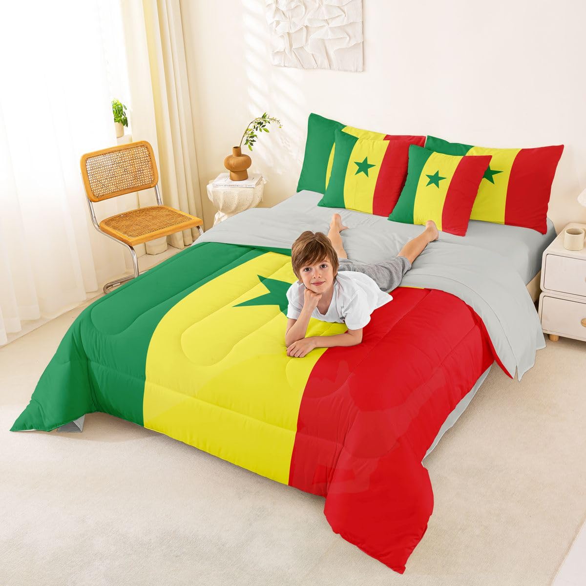 Feelyou Senegal Paisley Flag Comforter Set with Sheets 7 Piece King Size Senegalese Paisley Bedding Set for Kids Boys Girls International Flag Bed in a Bag Room Decor Soft Lightweight Microfiber