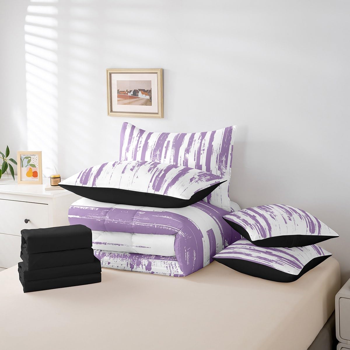 Erosebridal 7Pcs Lavender White Boho King Comforter Set,Geometric Stripes Striped Abstract Bed in A Bag for Women Men Adults Teens,Modern Art Aesthetic Violet Purple Ink Quilt Set with Pillowcases