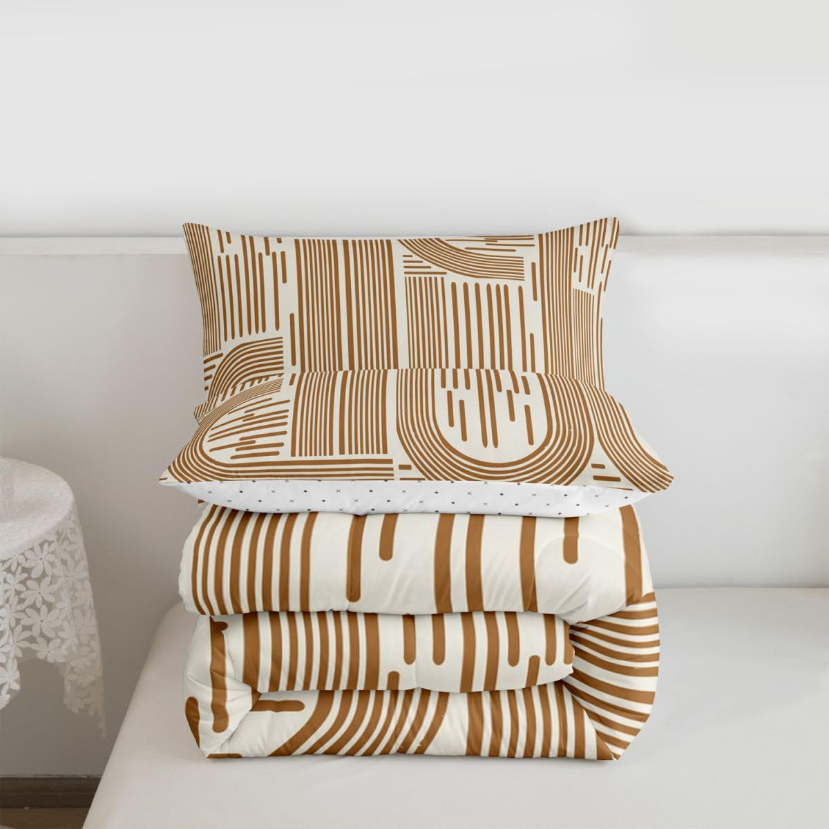 Feelyou Orange Modern Abstract Bedding Set Soft for Boys Girls, Boho Rainbow Comforter Set Queen Size Bohemian Geometric Duvet Quilt Microfiber Bedroom Decor 3 Pcs with 2 Pillow Cases