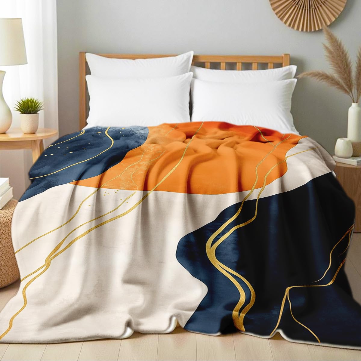 HUNXIAOJ Orange Blanket Throw for Couch Bed Abstract Print Blanket Soft Flannel Bedding Modern Bedroom Home Decor (49"x59")