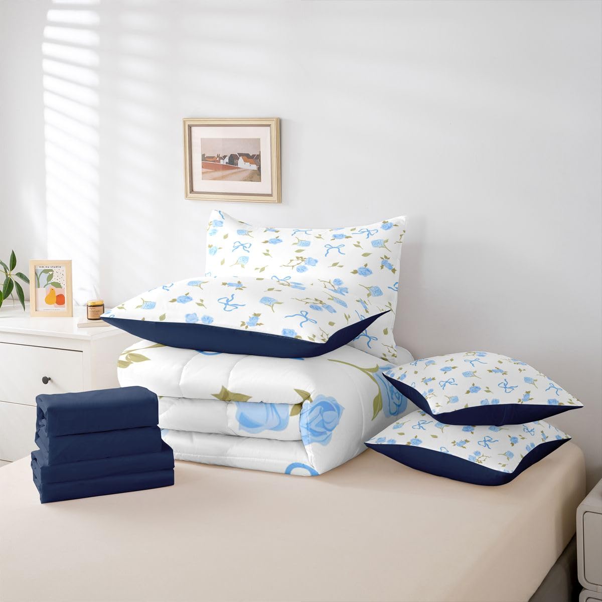 Erosebridal Blue Bow Comforter Set Bow Tie Rose Floral Bed in A Bag Full Size 7 Pieces Girly Bed Set Room Decor Dreamy Kawaii Bedding with Sheets