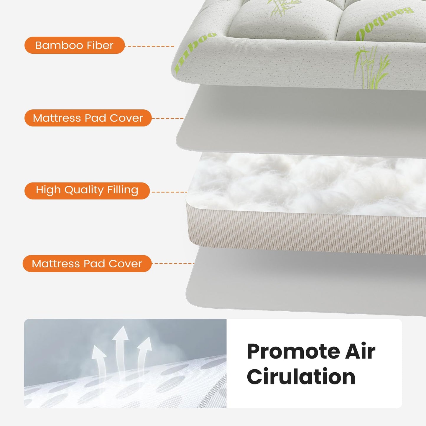 DUMOS Queen Size Ultra Soft Mattress Topper, Viscose Derived from Bamboo, Pillow Top Mattress Pad with Stretchable Pockets, Breathable Cooling Topper for Back Pain Relief