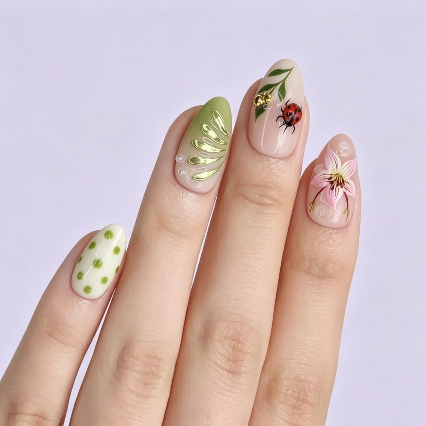 Hand-Painted Lily Press on Nails, Medium Almond Pink Green Fake Nails with Ladybug & Gold Beads Designs, Spring Floral False Nails with Nail Glue Tabs - 30Pcs Nail Kit for Women Manicure