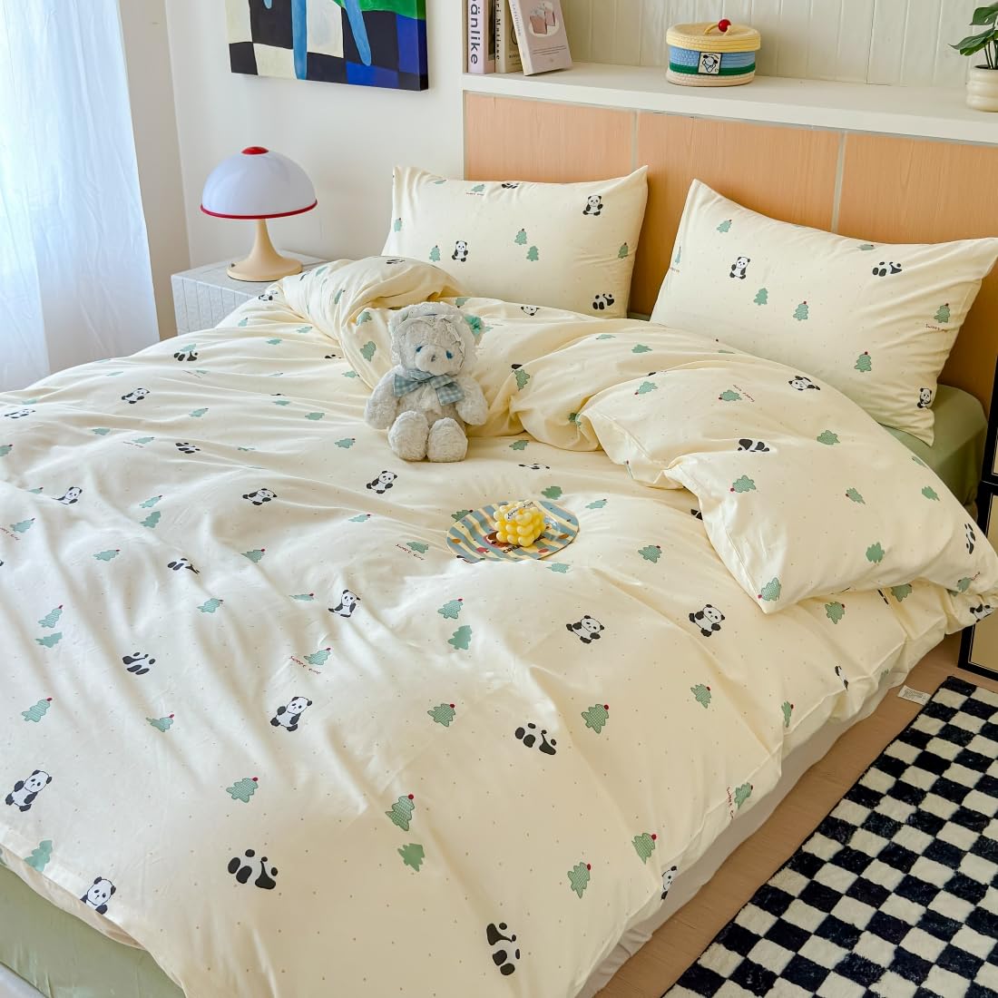 LIWHENHAO Panda Duvet Cover Set Twin 100% Cotton Bedding Cartoon Balck White Panda Green Pine Christmas Tree 1 Cute Kawaii Dot Comforter Cover Zipper Closure 2 Pillowcases for Kids Girls Boys