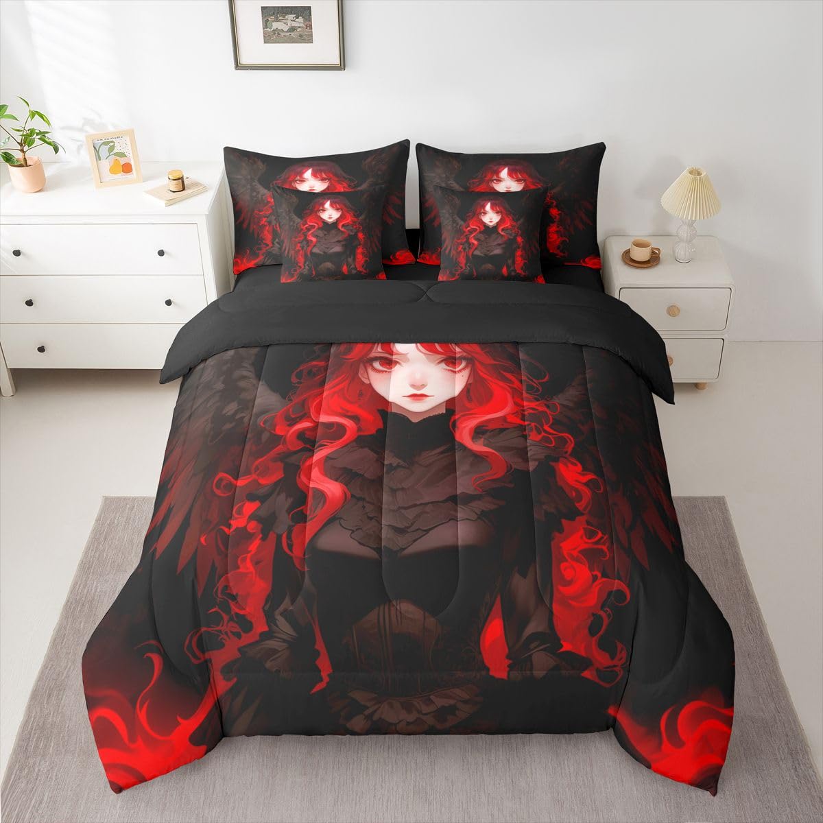 Erosebridal Japanese Anime Comforter Set Japan Ukiyoe Girl Bedding Set 7 Pieces Black and Red Anime Bed in A Bag Twin,Japanese Style Sheet Set with Comforter for Room Decor
