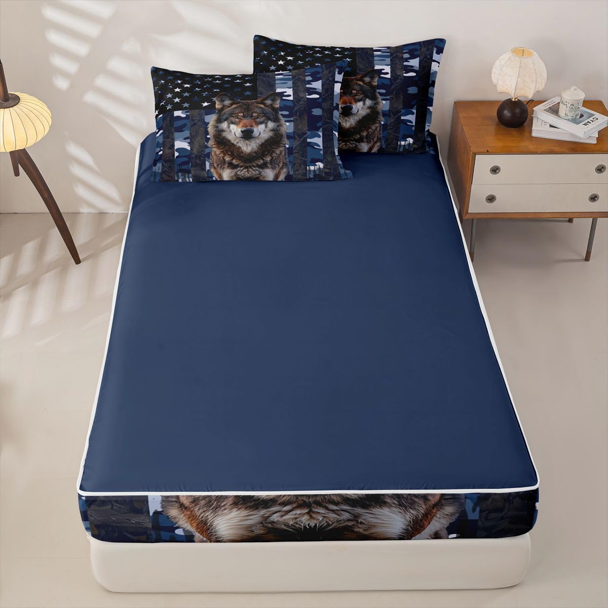 jejeloiu Wolf Hunting Camo Twin Zipper Bedding Set Rustic Western Wolf Kids Comforter Set with Fitted Sheet and 2 Pillowcases American Flag Bed in a Bag Zip Up Bedding Soft Microfiber