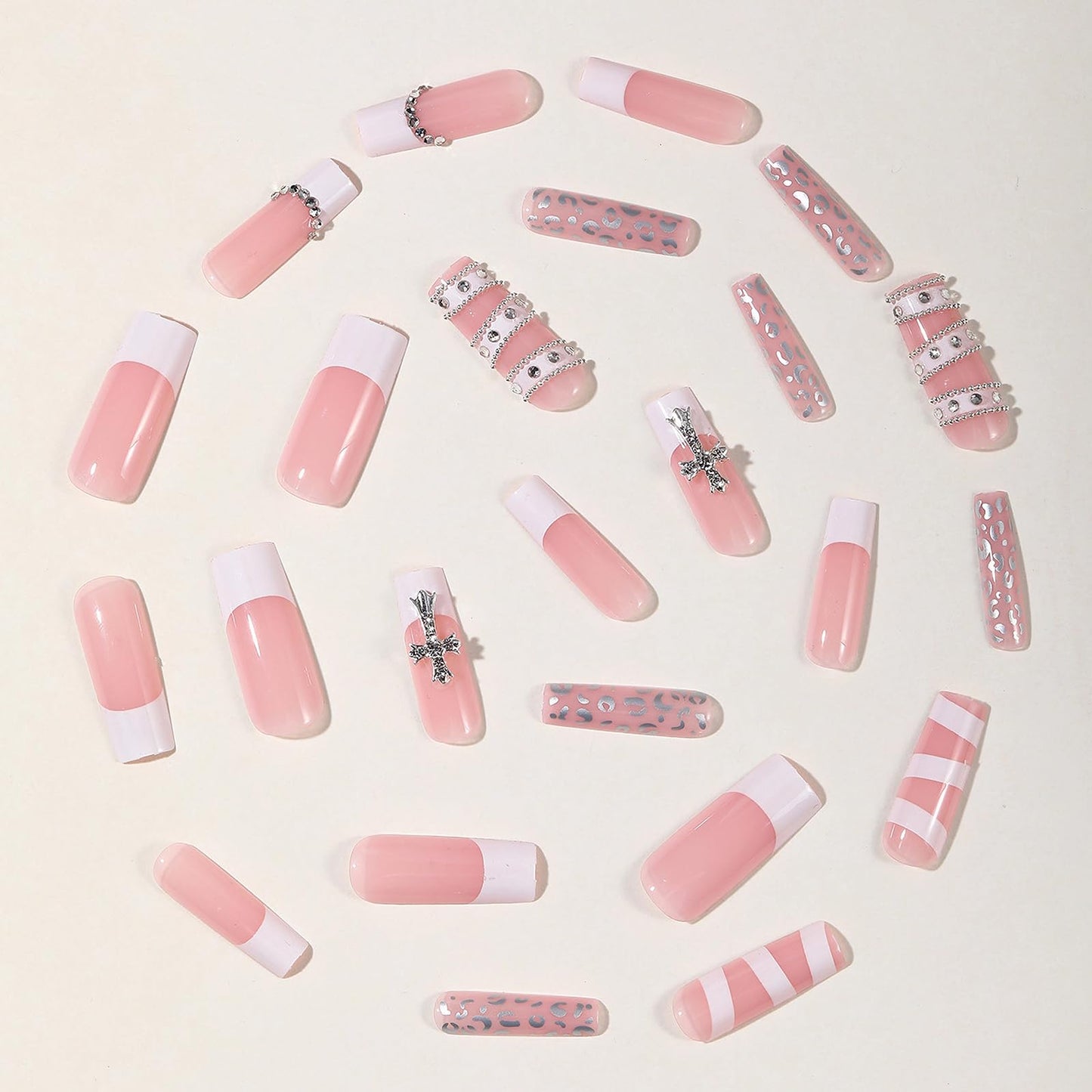 MISUD Press on Nails - Long Square Glue on Nails with White French Tip, Acrylic Y2K Cross Design 24 pcs