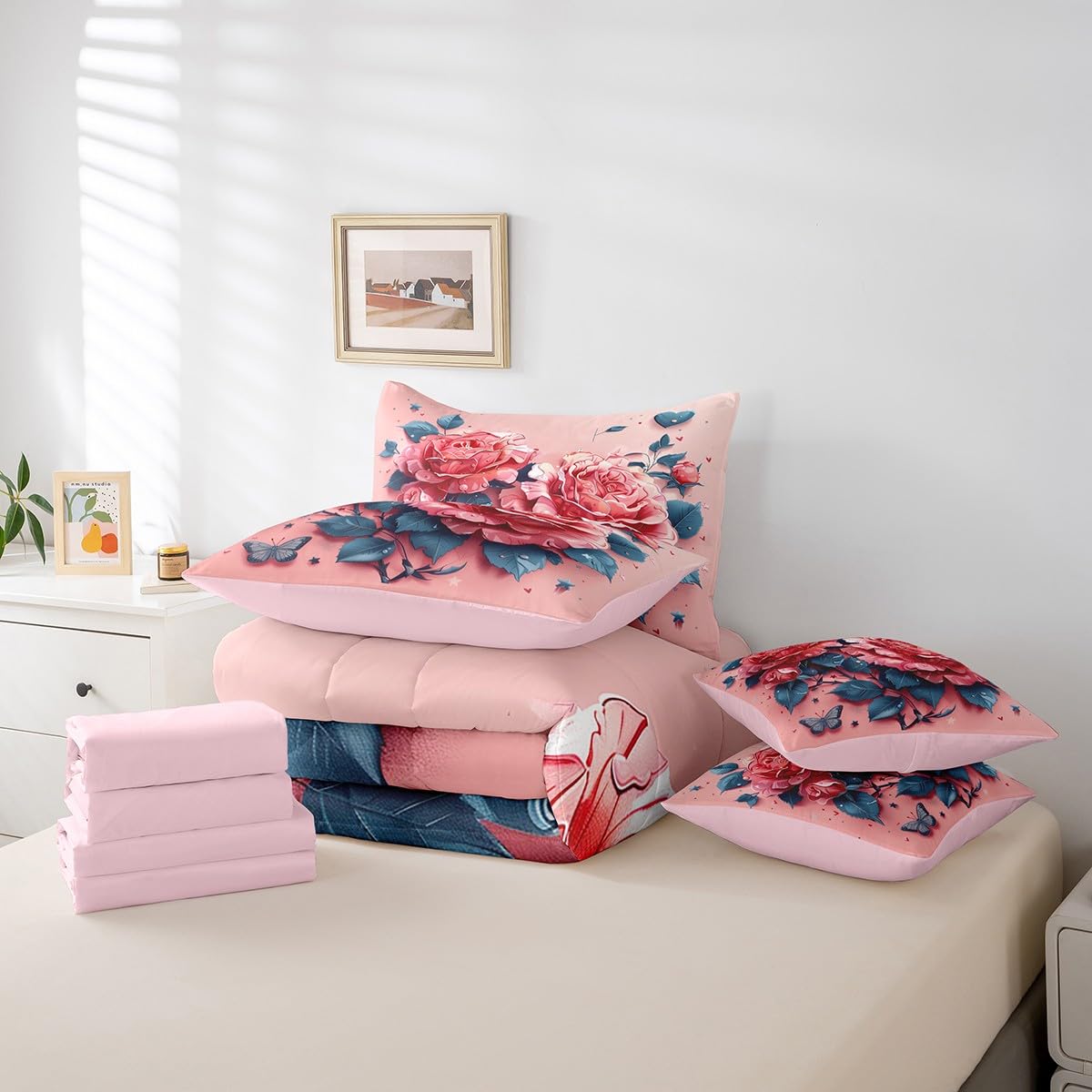 Feelyou Kids Rose Bed in A Bag Queen Size, Valentine's Day 7 Pieces Bedding Set Boys Girls Rose Floral Flower Comforter Set with Sheets Romantic Teens Bed Set Bedroom Decor 7Pcs