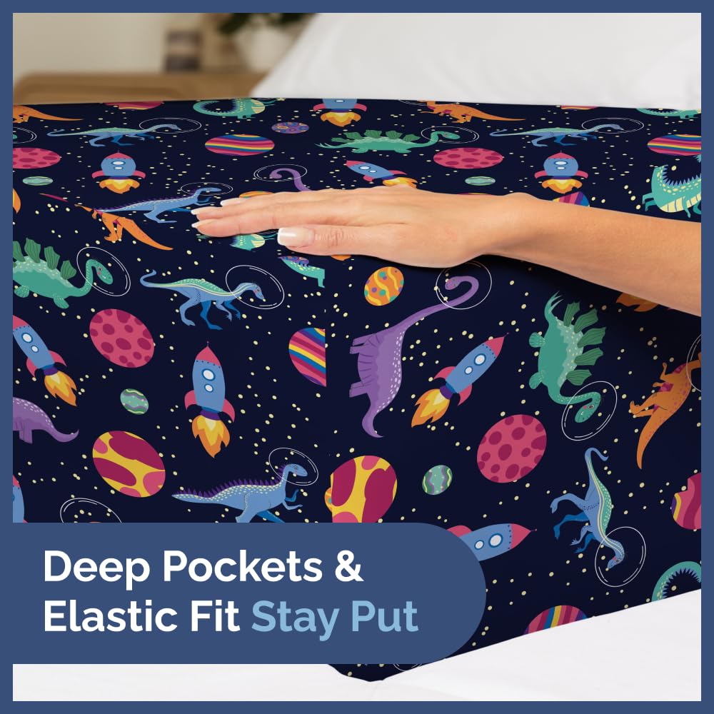 Kids Twin Size Bed Sheet Set - 3 Piece Kids Loft Bed Sheets - Space Dinosaur Themed Bedding - Soft, Cute - Breathable and Machine Washable - Colorful Dino Bed Set for Boys, Girls, Teens and Toddlers