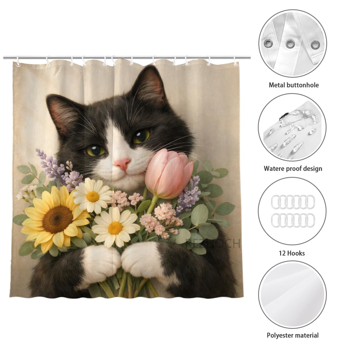 REZHOCH Funny Tuxedo Cat Shower Curtain 72x72 Inch Cute Animal Holding Flowers Home Bathroom Decor Floral Modern Art Minimalist Style Kids Waterproof Fabric Bath Set with Hooks
