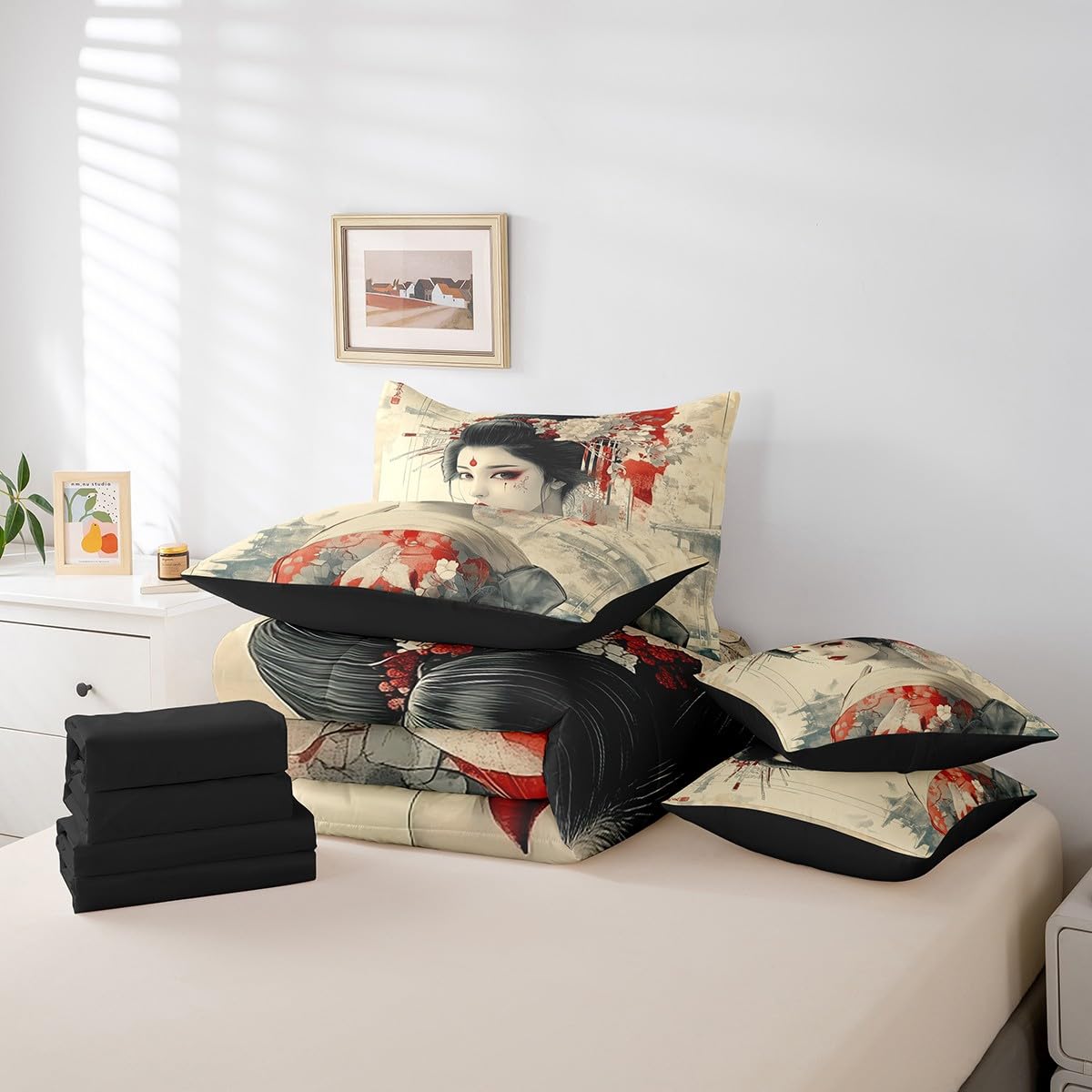 Erosebridal Japanese Geisha Comforter Set Twin,Samurai Ukiyoe Bed in a Bag,Aesthetic Japan Scenery Bedding Set 7Pcs,Art Kimono Quilt