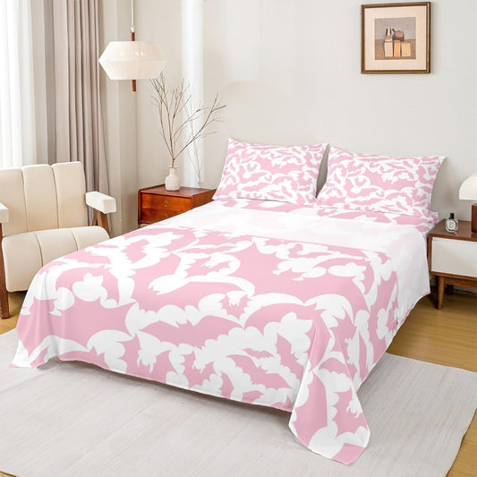 Castle Fairy Halloween Themed Bed Sheet Set for Boys Girls,Pink Bats Wild Animal Print Bed Sheet Set Full Size Bedding Set,Pink White Color Fitted Sheet and 1 Flat, 2 Pillow Sham