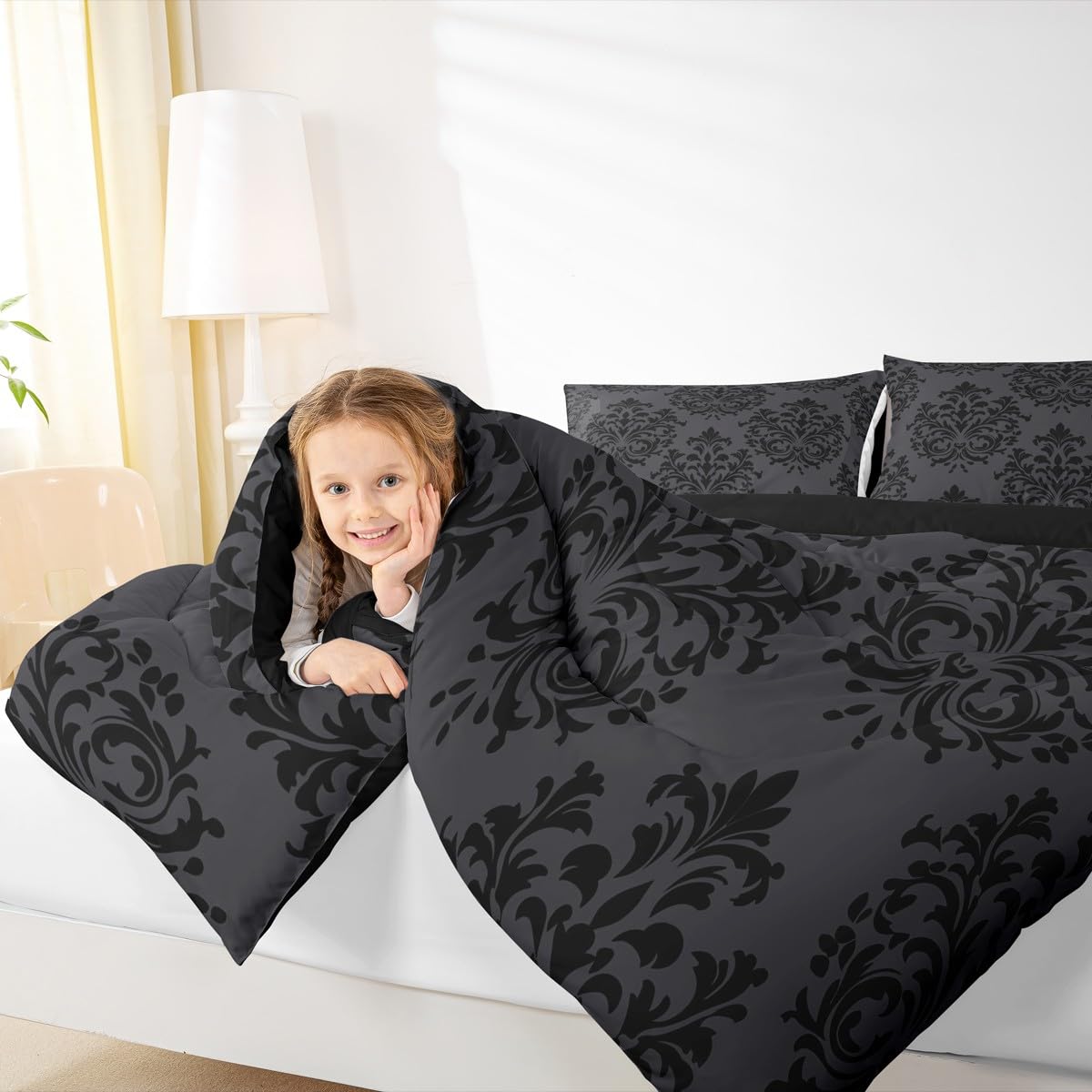 jejeloiu Damask Pattern Bedding Set Soft for Boys Girls, Floral Printed Comforter Set Queen Size Bohemian Damask Print Duvet Quilt Microfiber Baroque Style Bedroom Decor 3 Pcs with 2 Pillow Cases