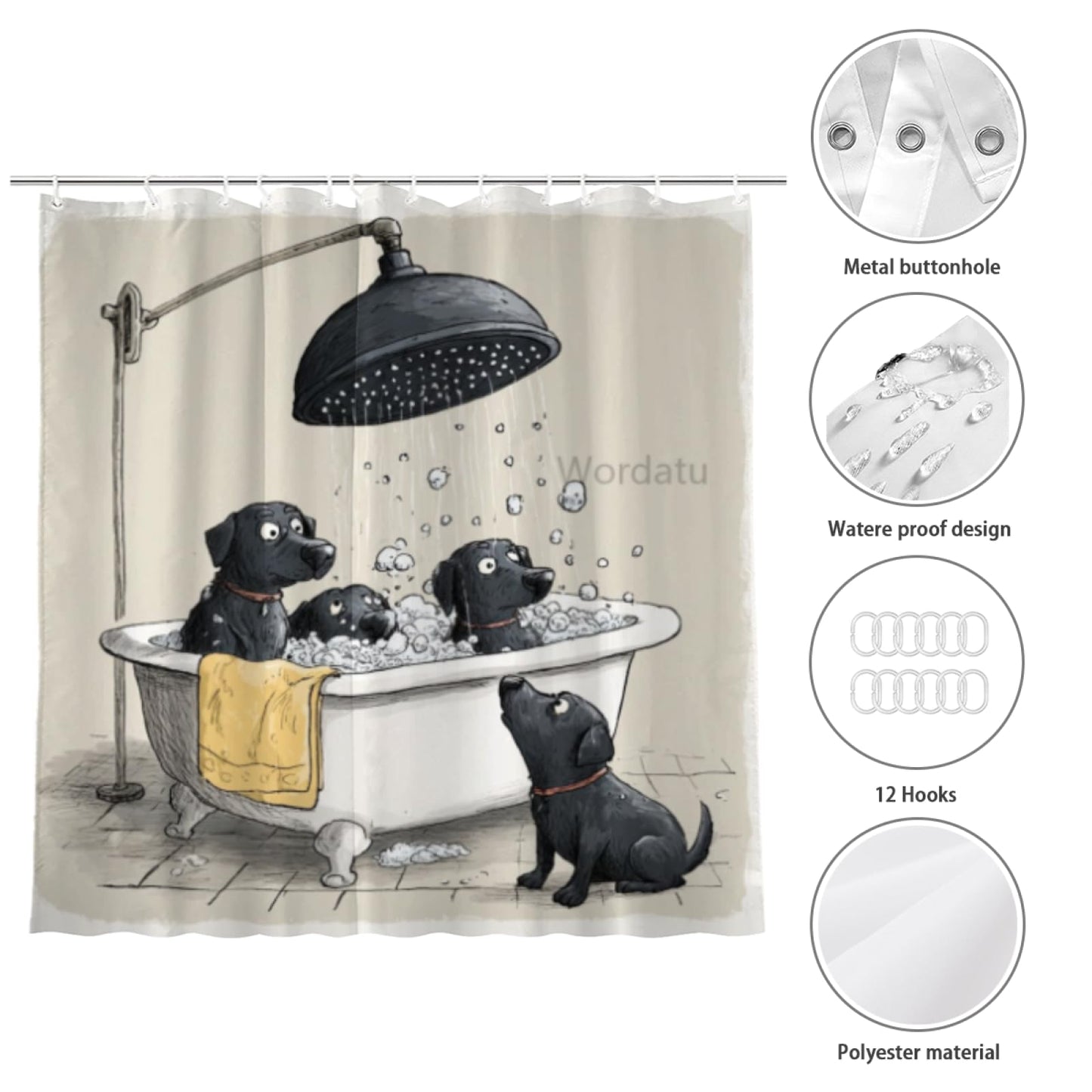 Wordatu Shower Curtain Funny Labrador Retriever Cute Girls Boys Animal Paw Print Bones Kawaii Cartoon Colorful Pets Art Unique Bathroom 72x72 Inch Polyester Fabric 12 Hooks