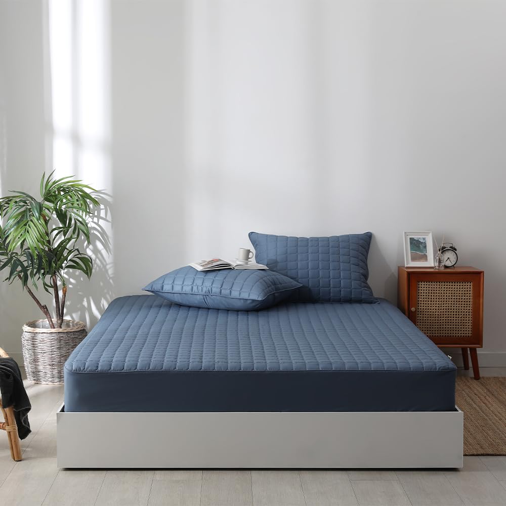 Seragio Quilted 100% Cotton Mattress Cover – 6 Colors, Machine Washable, Breathable & Stretchy, Fits up to 16-Inch Deep, Twin/Full/Queen/King (Navy, Twin)