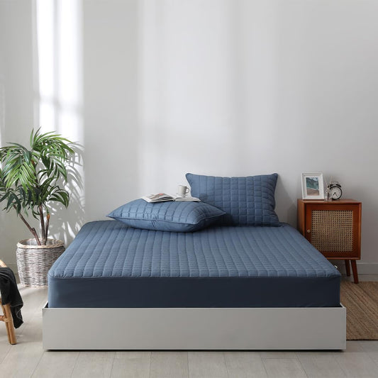 Seragio Quilted 100% Cotton Mattress Cover – 6 Colors, Machine Washable, Breathable & Stretchy, Fits up to 16-Inch Deep, Twin/Full/Queen/King (Navy, Twin)
