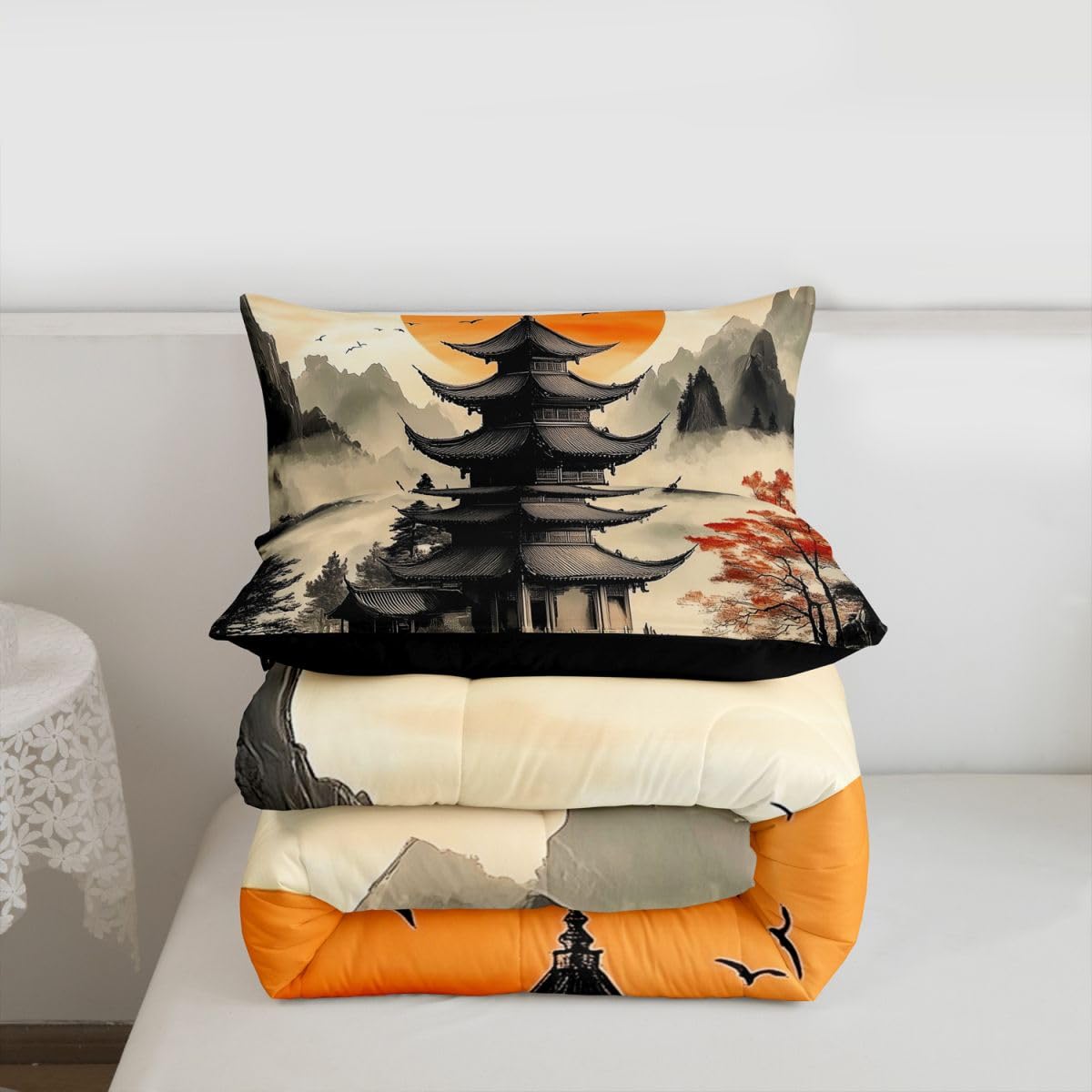 jejeloiu Chinese Ink Painting Bedding Set Soft for Boys Girls, Red Sun Mountain Comforter Set Queen Size Japanese Style Duvet Quilt Microfiber Bedroom Decor 3 Pcs with 2 Pillow Cases