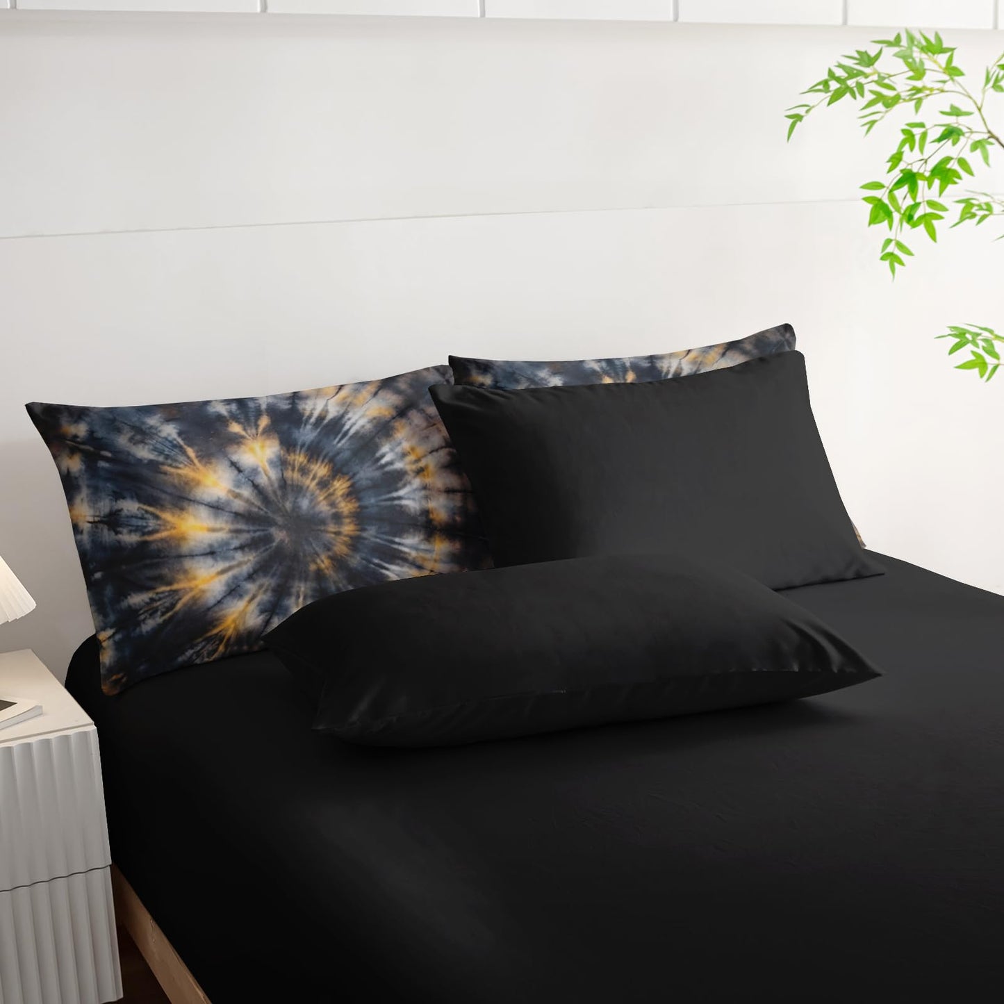 Nttopship Dark Tie Dye Comforter Set Full Bedding Sets 7PCS,Abstract 7 Piece in A Bag Tie Dye Bedding Set 7 Piece in A Bag,Bed Sheet Set Yellow Fission Graffiti Microfiber Lightweight All Season