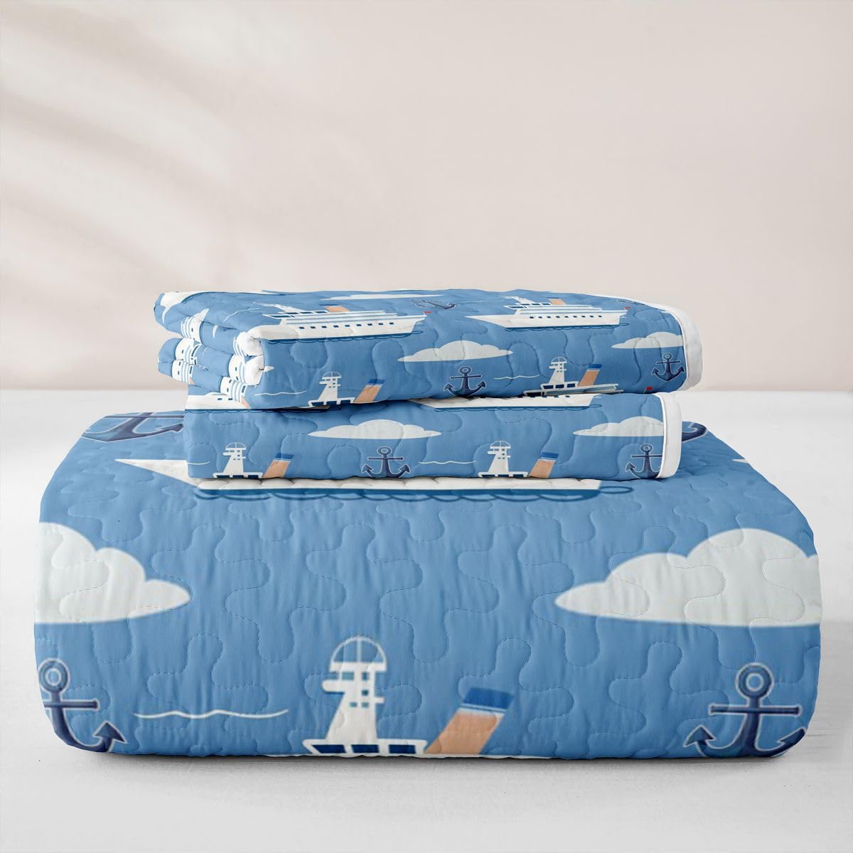 Erosebridal Nautical Sailboat Twin Quilt Set Ocean Ship Lightweight Bedspread Boat Anchor Coverlet for All Season White Cloud Blue Sky Nautical Quilted Comforter 2 Pieces