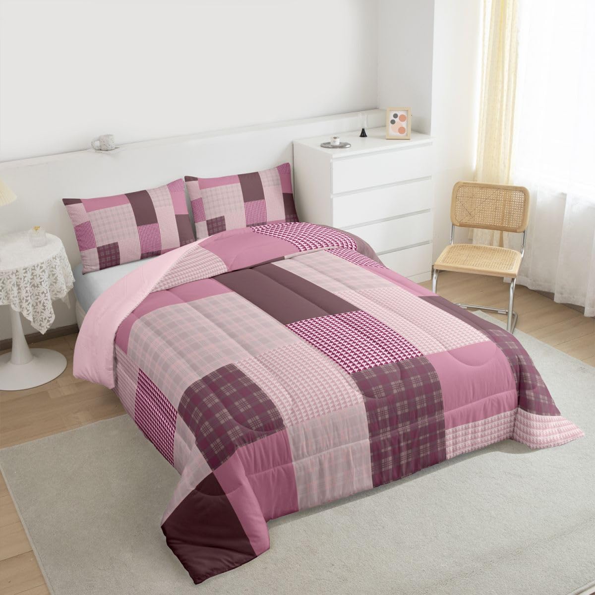 jejeloiu Plaid Bedding Set Soft for Boys Girls, Patchwork Comforter Set Queen Size Check Checkered Duvet Quilt Microfiber Grid Geometric Bedroom Decor 3 Pcs with 2 Pillow Cases