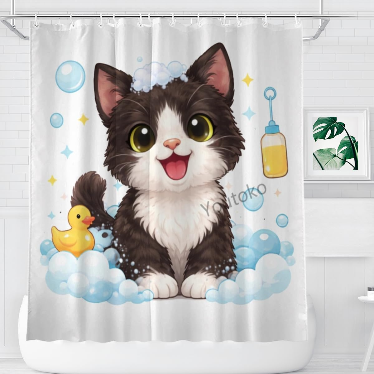Youtoko Funny Tuxedo Cat Bathroom Decor Shower Curtain 72x72 Inch with 12 Hooks Cute Farm Animal Bubble Bath Rubber Duck Waterproof Washable Polyester