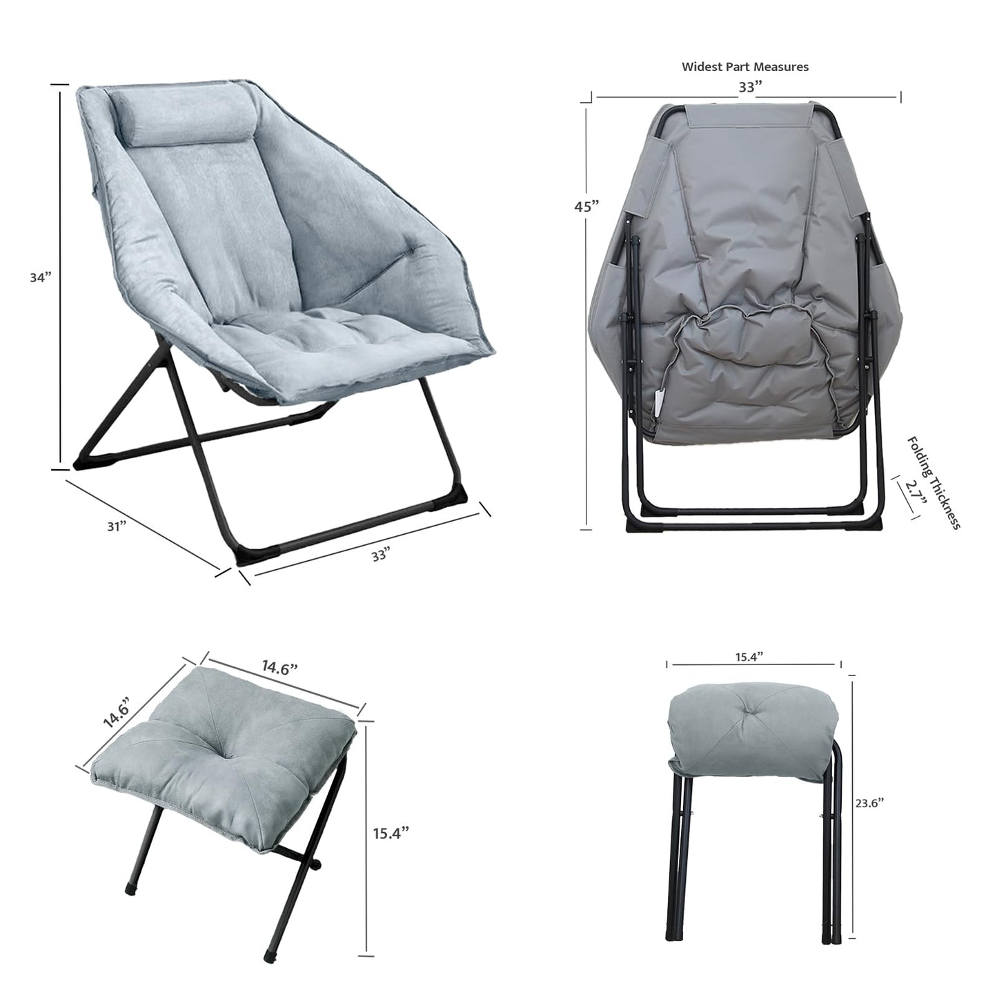 Hexagon Foldable Living Room Chair, Saucer Chair for Adults, Comfy Bedroom Lounge Chair, Moon Chair, Lazy Folding Chair for Dorm Rooms (Ottoman-Grey)