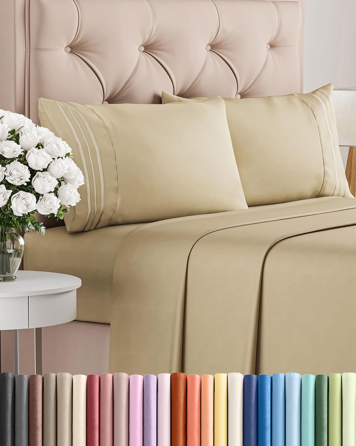 Queen Size 4 Piece Sheet Set - Comfy Breathable & Cooling Sheets - Hotel Luxury Bed Sheets for Women & Men - Deep Pockets, Easy-Fit, Extra Soft and Wrinkle Free Sheets - Beige Oeko-Tex Bed Sheet Set
