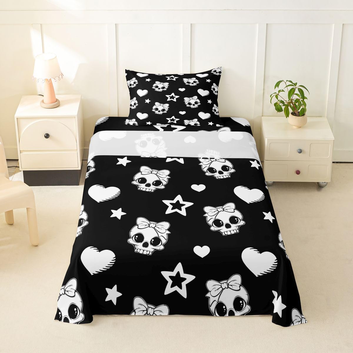Castle Fairy Cute Skull Bed Sheets Twin Size,Star Love Bowknot Pattern Easy Wash Bedding Set,Cartoon Halloween Skeleton Kids Room Decor,Black and White Sheet(Fitted+Flat+1 Pillowcase)