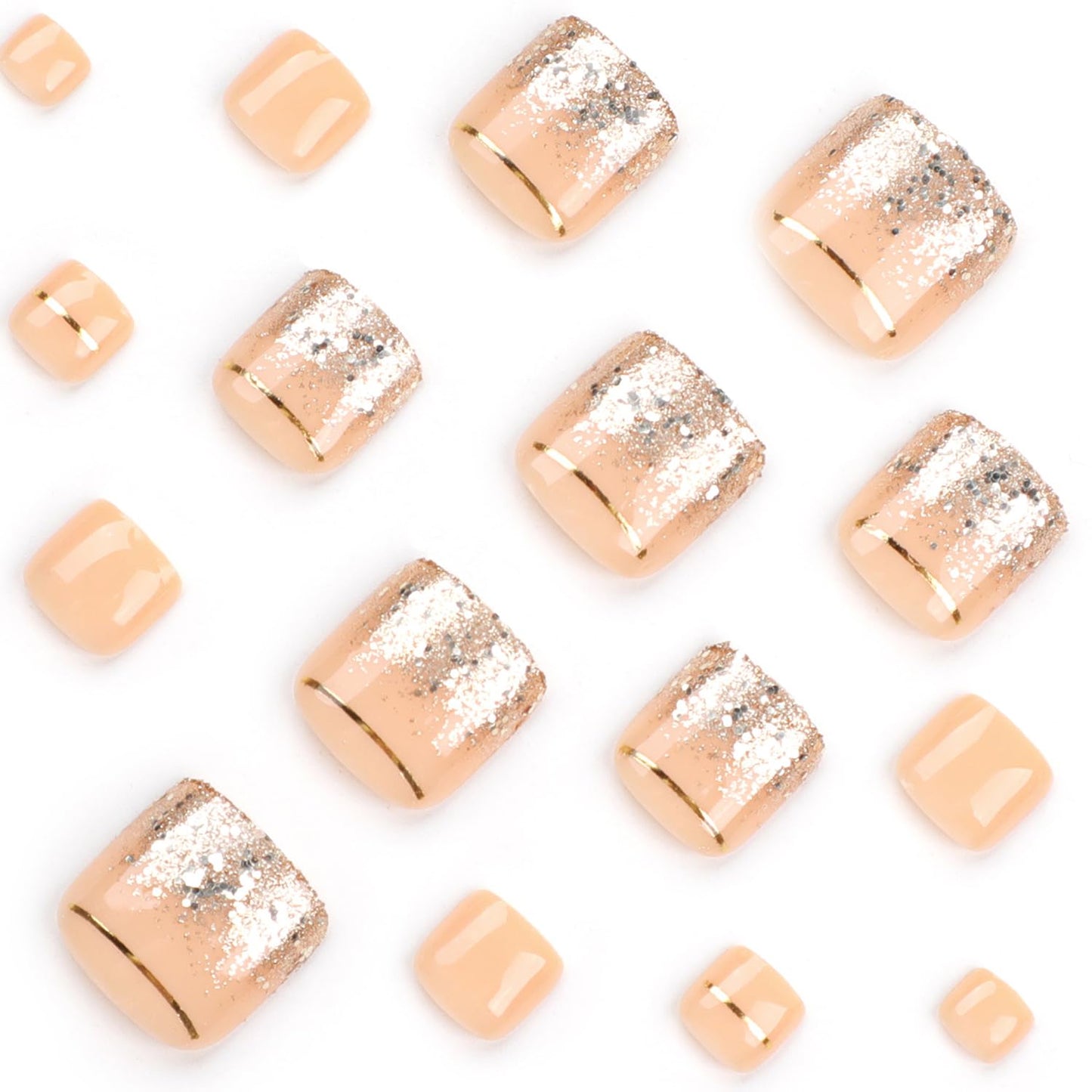 24 Pcs Nude Press on Toenails Square Toe Press on Nails Short Fake Nails French Gel X Nail Tips Gold Glitter Design Full Cover Acrylic Toe Nail Press ons with Nail File Stick Jelly Glue on Nails Kit
