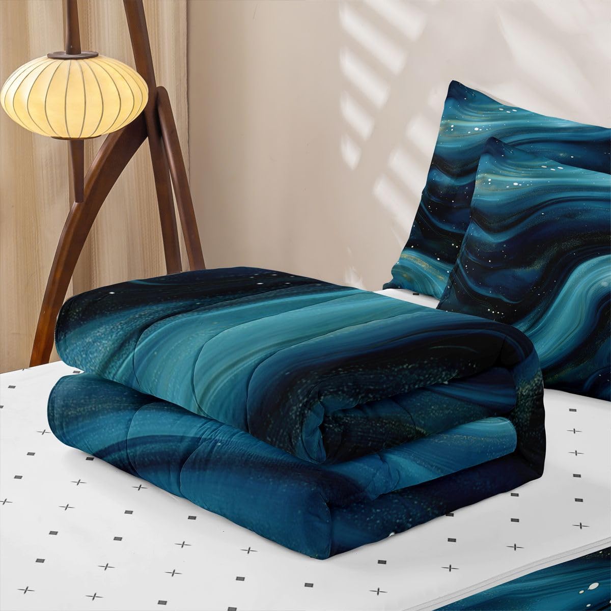 jejeloiu Marble Print Zipper Bedding Sets for Kids Boys Girls Abstract Twin Comforter Set with Fitted Sheet Teal Bedroom Decor Deep Ocean Wave Texture Microfiber with 2 Pillow Cases Luxury