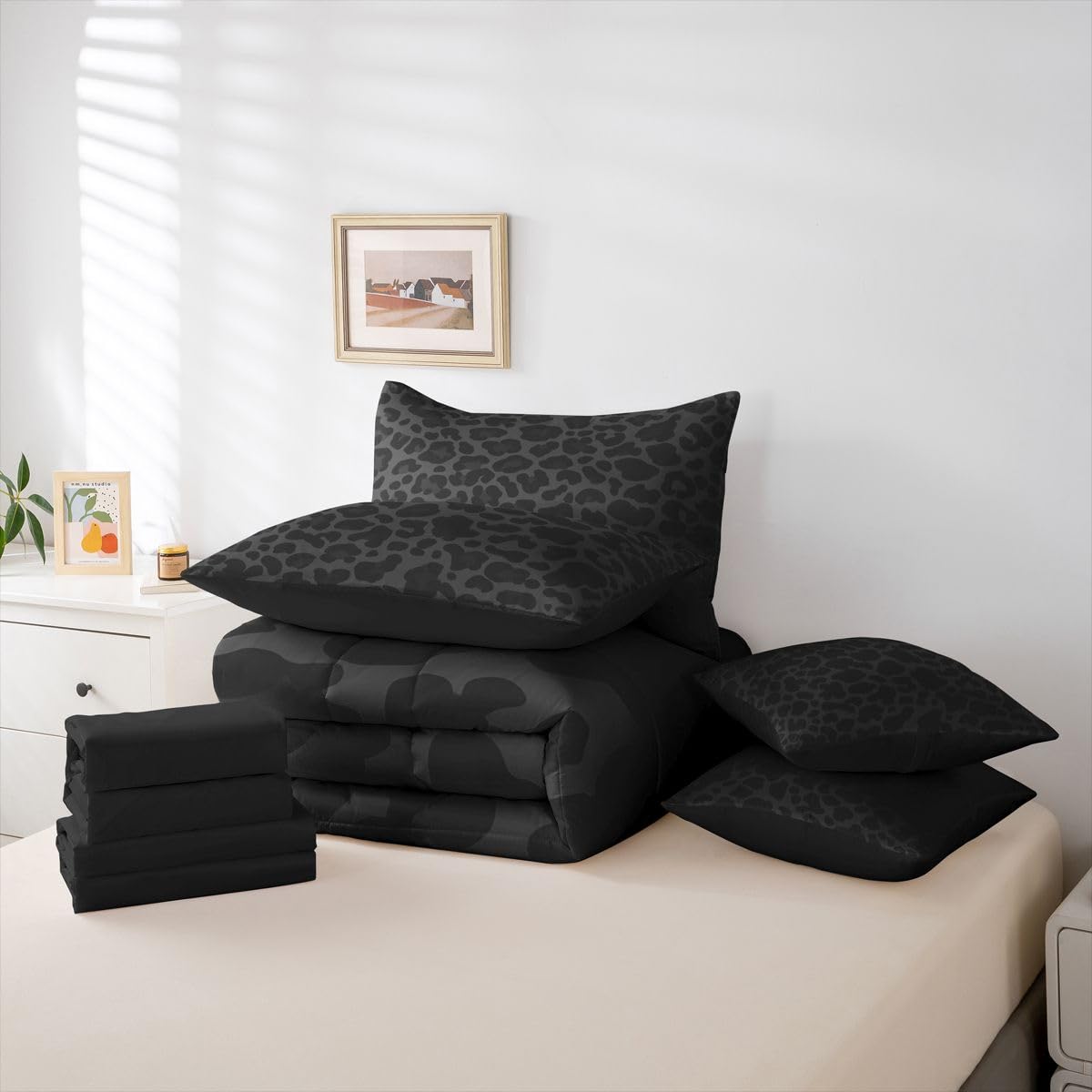 Erosebridal Leopard Print Comforter Set King for Boys Western Cheetah Bedding Set 7 Piece Black Grey African Wildlife Bed in A Bag for Kids Teens Youth Women Room Modern Animal Skin Texture Sheets