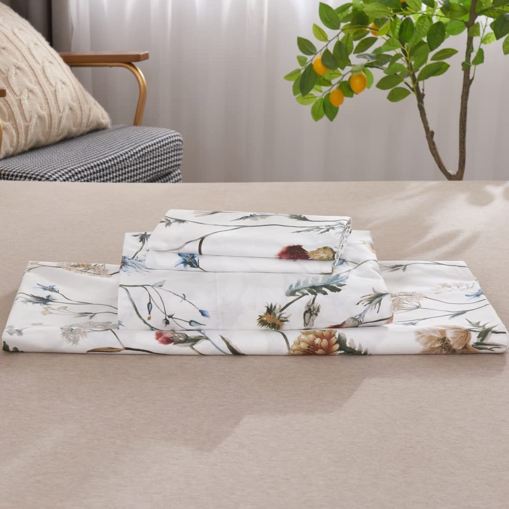 DAUAOTO 100% Cotton Sheets Set Twin Size Printed Bedding Sets, Up to 14" Deep Mattress, Foral Botanical Pattern Bedlinen Set