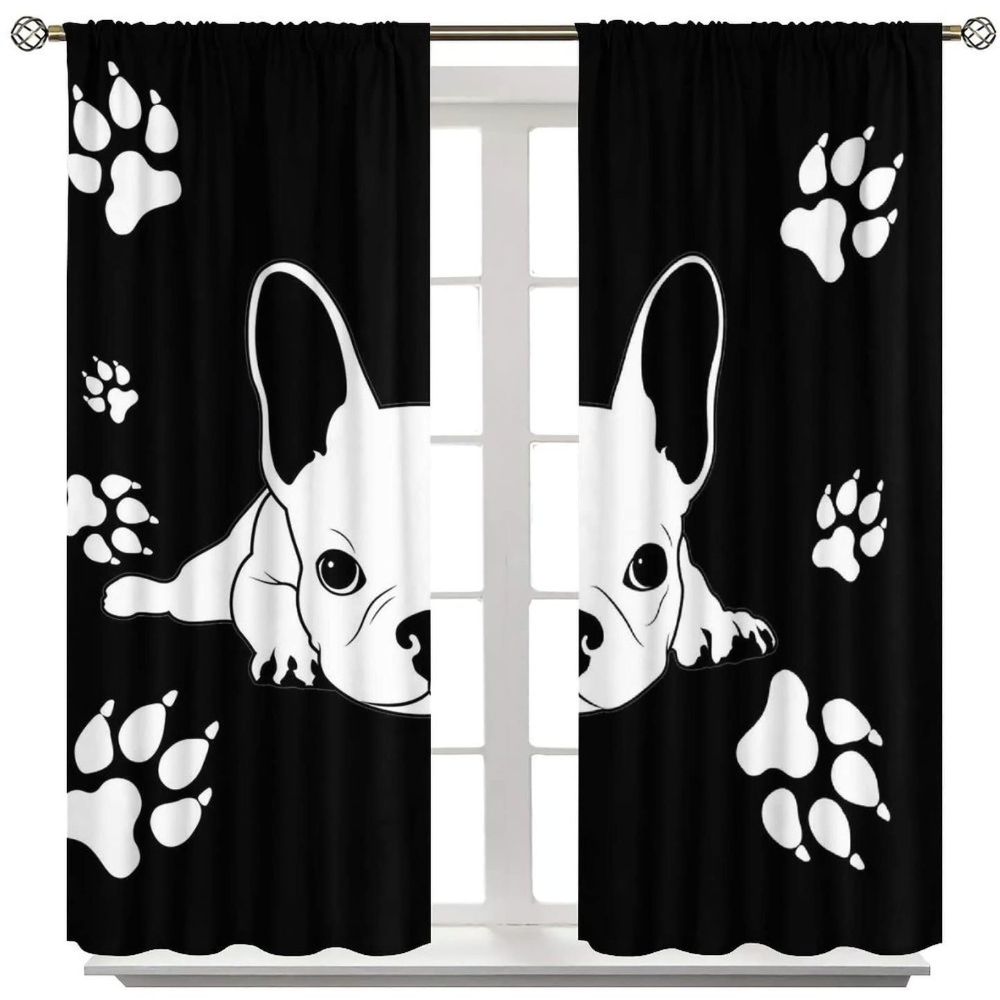Kazynee Cute French Bulldog Rod Pocket Blackout Curtains for Bedroom - Black White Abstract Hand Painted Dog Paw Puppy Window Drapes,2 Panels 45L x 21W Thermal Insulated Room Darkening Curtains