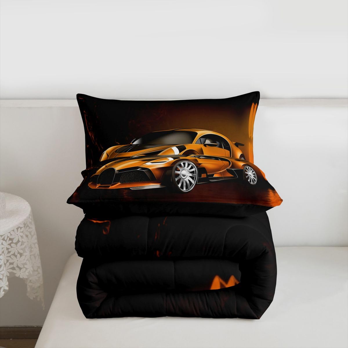Feelyou Race Car Comforter Toddler Twin, Orange Racecar Bedding Set for Kids Boys Girls Down Duvet Insert Set Cool Speed Sports Car Bedroom Decor Quilt Comforter with 1 Pillowcase Warm Bedding