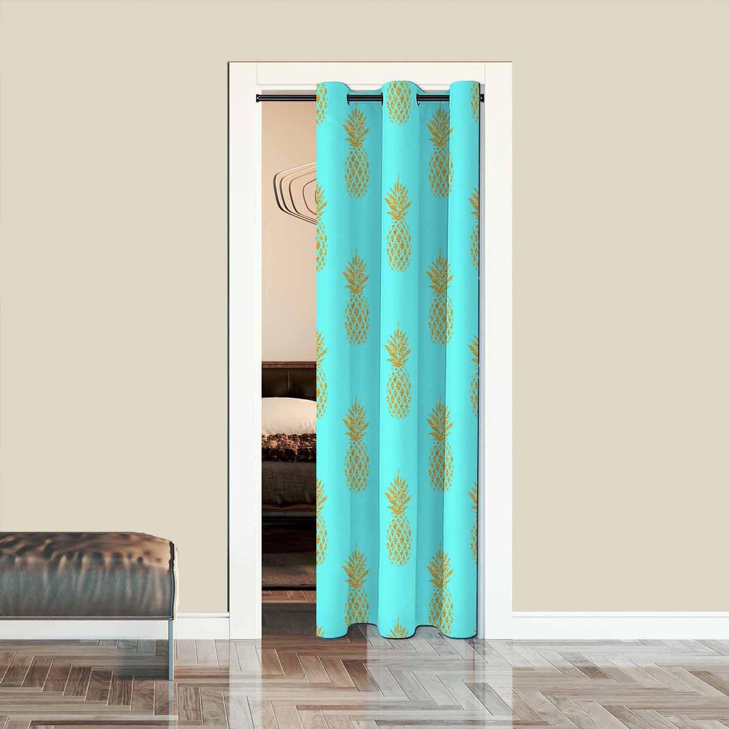 Haciadan Pineapple Door Curtain Tropical Fruit Gold Blue Doorway Blackout Curtain for Bedroom Living Room,34x80 Inch 1 Panel