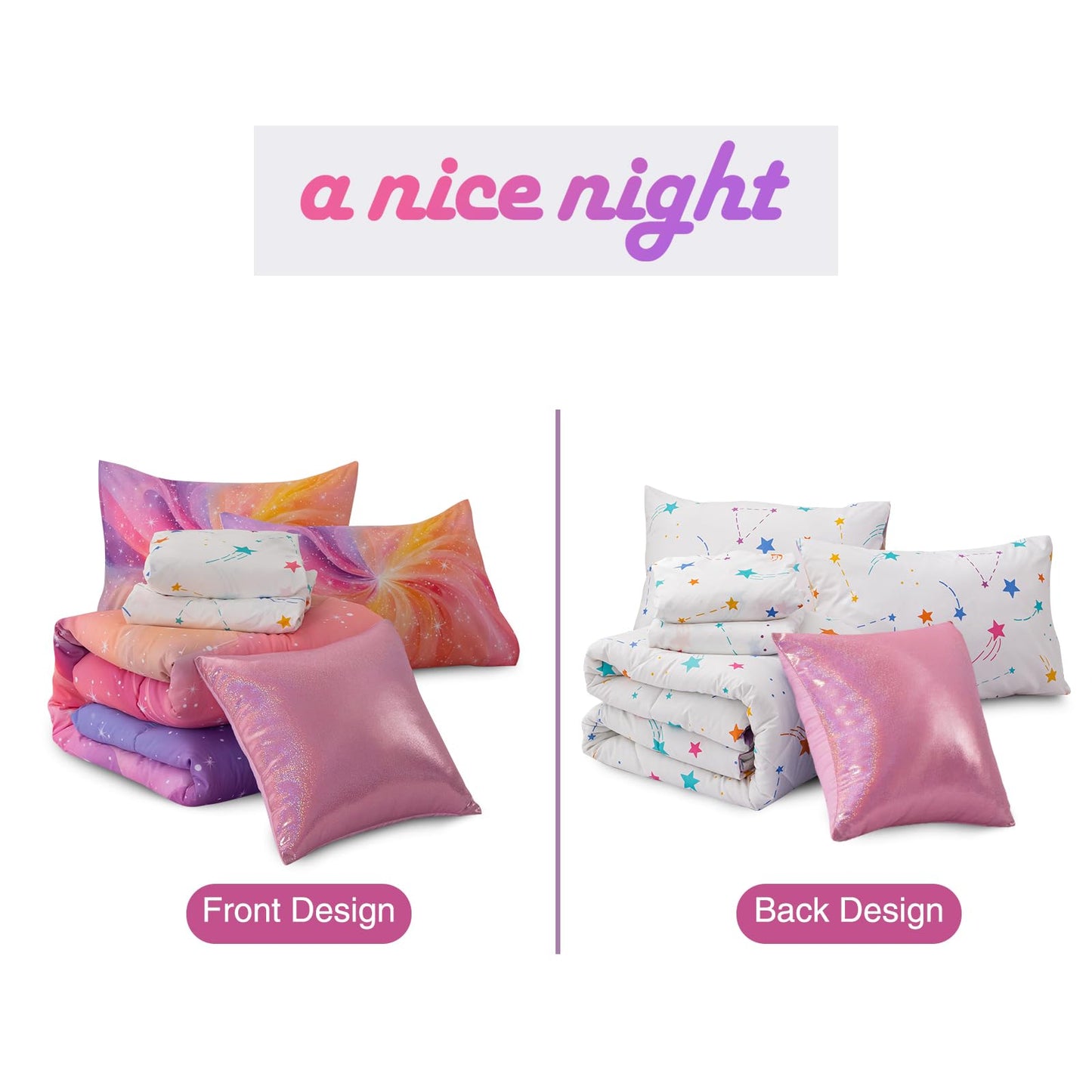 A Nice Night 6Pcs Twin Swirling Galaxy Dreamy Comforter Set, Colorful Rainbow Gradient Glitter Tie Dye Comforters, Ultra Soft Bedding Set (Purple-Pink, Twin 6Pcs)