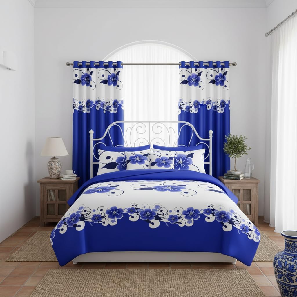 12-Piece Royal Blue Gardenia Duvet Cover Set King with Curtains, Floral Bed in a Bag King with Sheets, Matching Curtains Comforter Cover, Soft Microfiber Bedding Set Zipper Closure, Ideal Gift