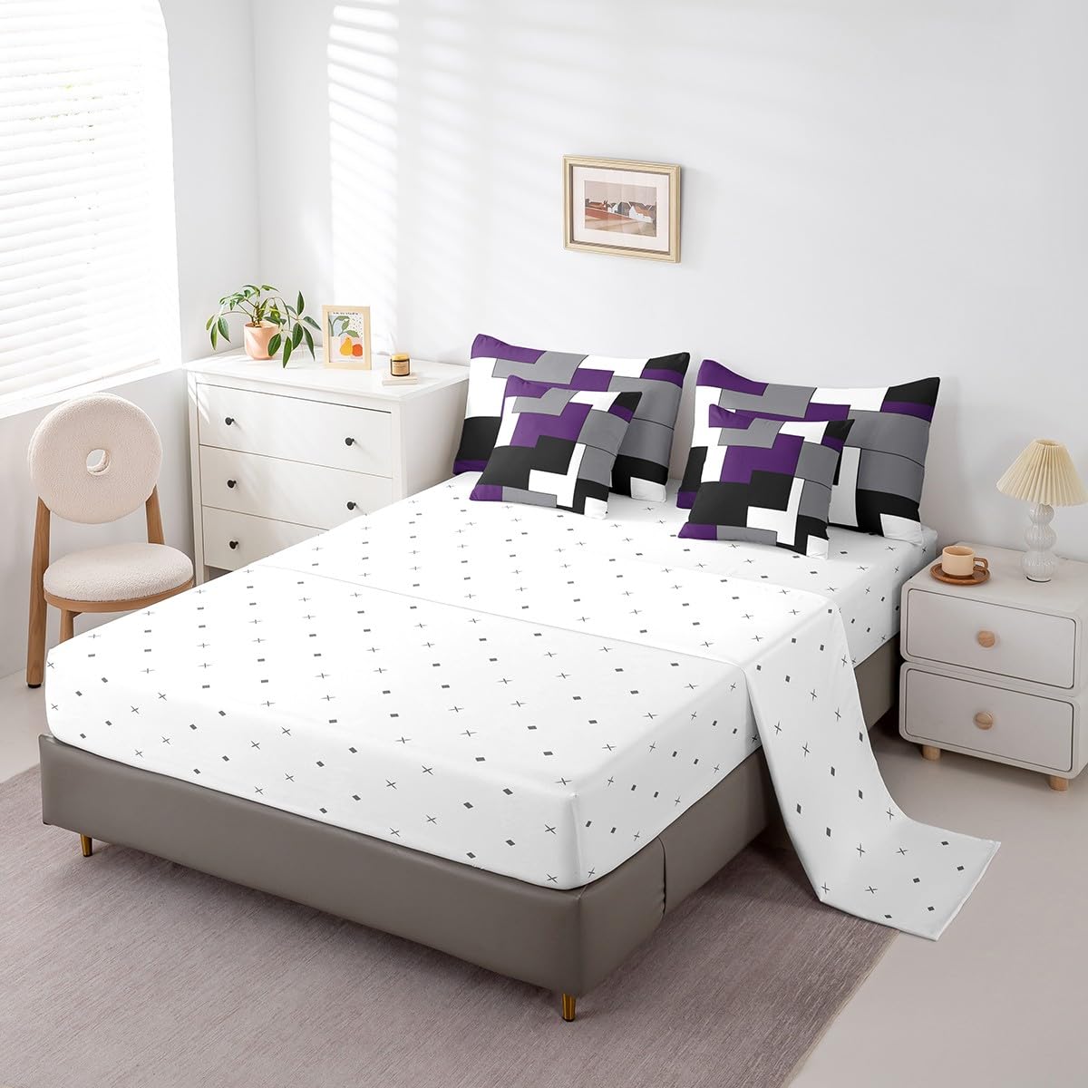 Erosebridal 7 Pcs Geometric Comforter Set Twin Size,Square Bed in a Bag with Flat Fitted Sheet for Kids and Adults,Purple Black White Abstract Art Bedding Set with Pillowcases and Cushion Cases