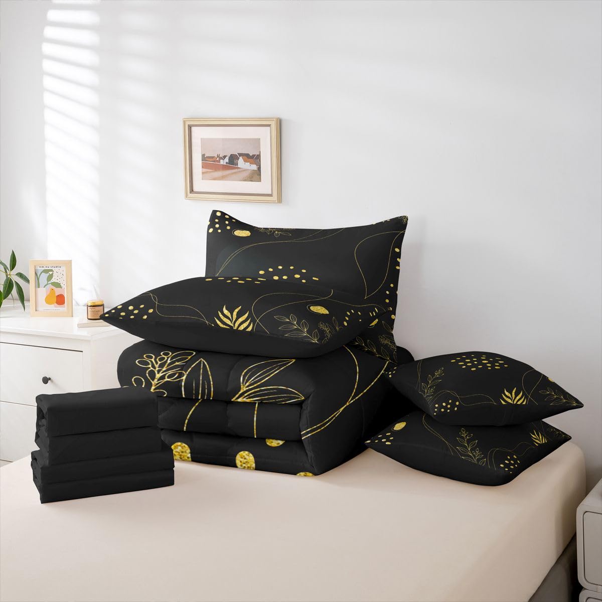 Erosebridal Mid Century Full Size Bed Sheets and Comforter Set Geometric Lines 7 Piece Bedding Set Boho Black Gold Bed in a Bag, Abstract Art Room Decor