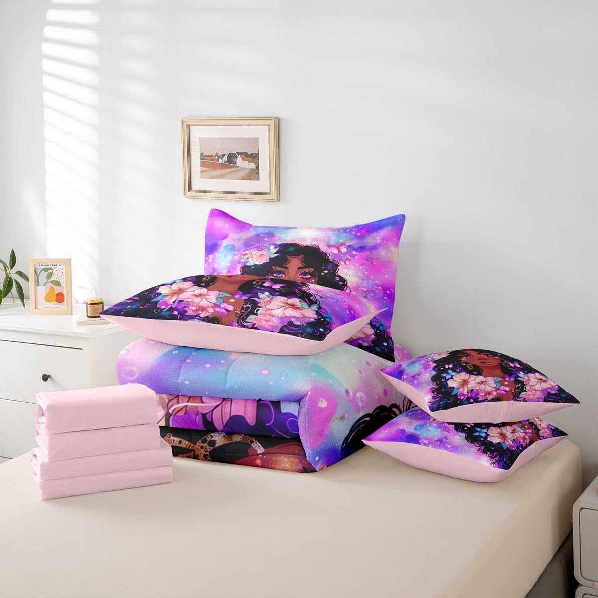 Erosebridal Cute Cartoon Black Girls Queen Bedding Set Purple Pink Romantic Floral Comforter Set with Flat and Fitted Sheet Kids Teen Vibrant Butterfly 7-Piece Bed in a Bag Watercolor Art Quilt Sets