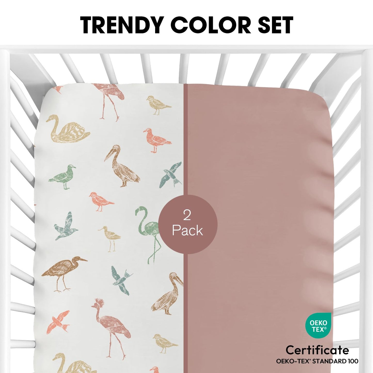 Little Grape Land Crib Sheets for Boys and Girls, 2pk Baby Crib Fitted Sheet for Standard Size Crib and Toddler Mattress, Super Soft Baby Sheet, Wetland Birds