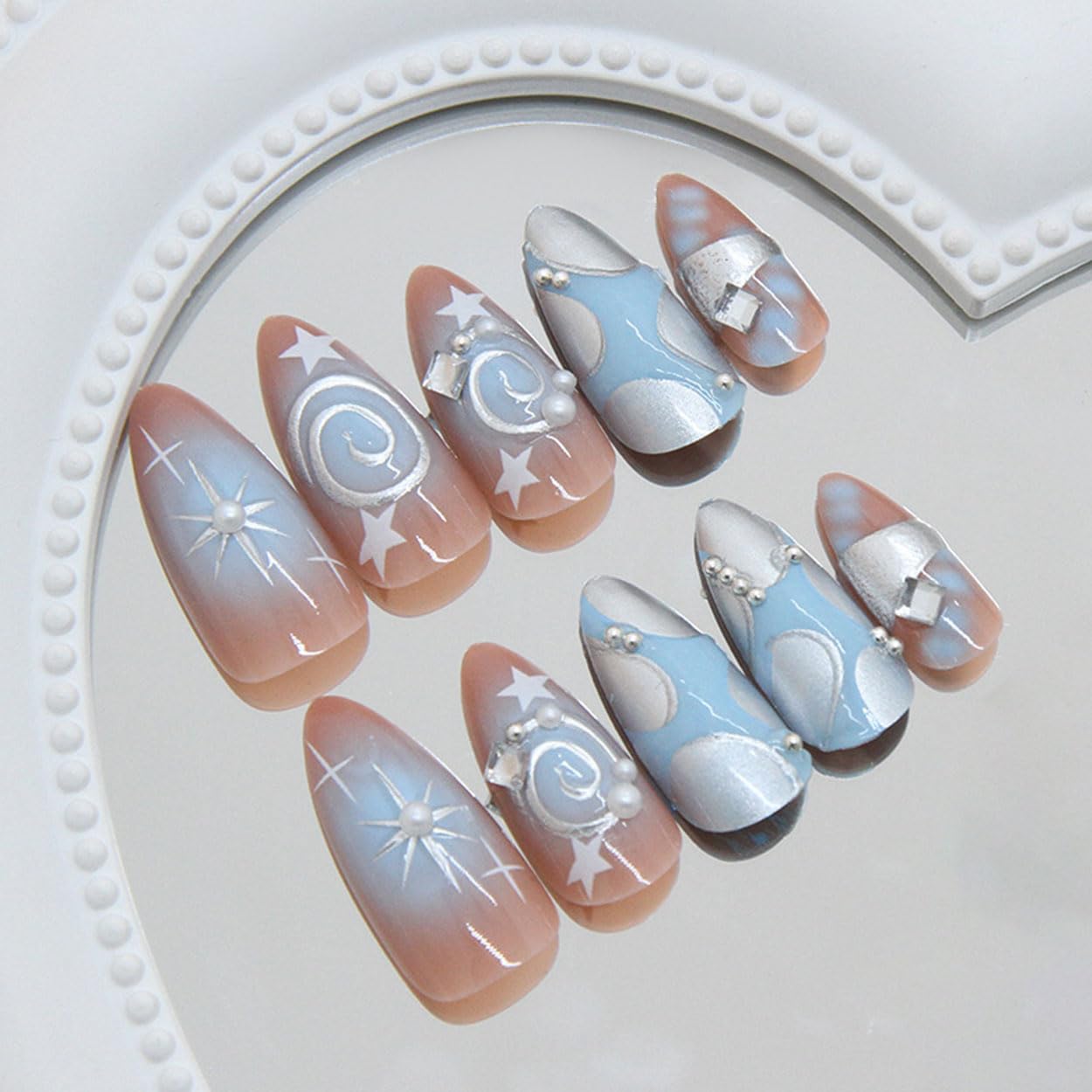 Press on Nails Almond Medium Fake Nails French Tip False Nails Press ons with Silver Starburst Design Glue on Nails Artificial Acrylic Nail Art Glossy Full Cover Stick on Nail Supplies for Women 24Pcs