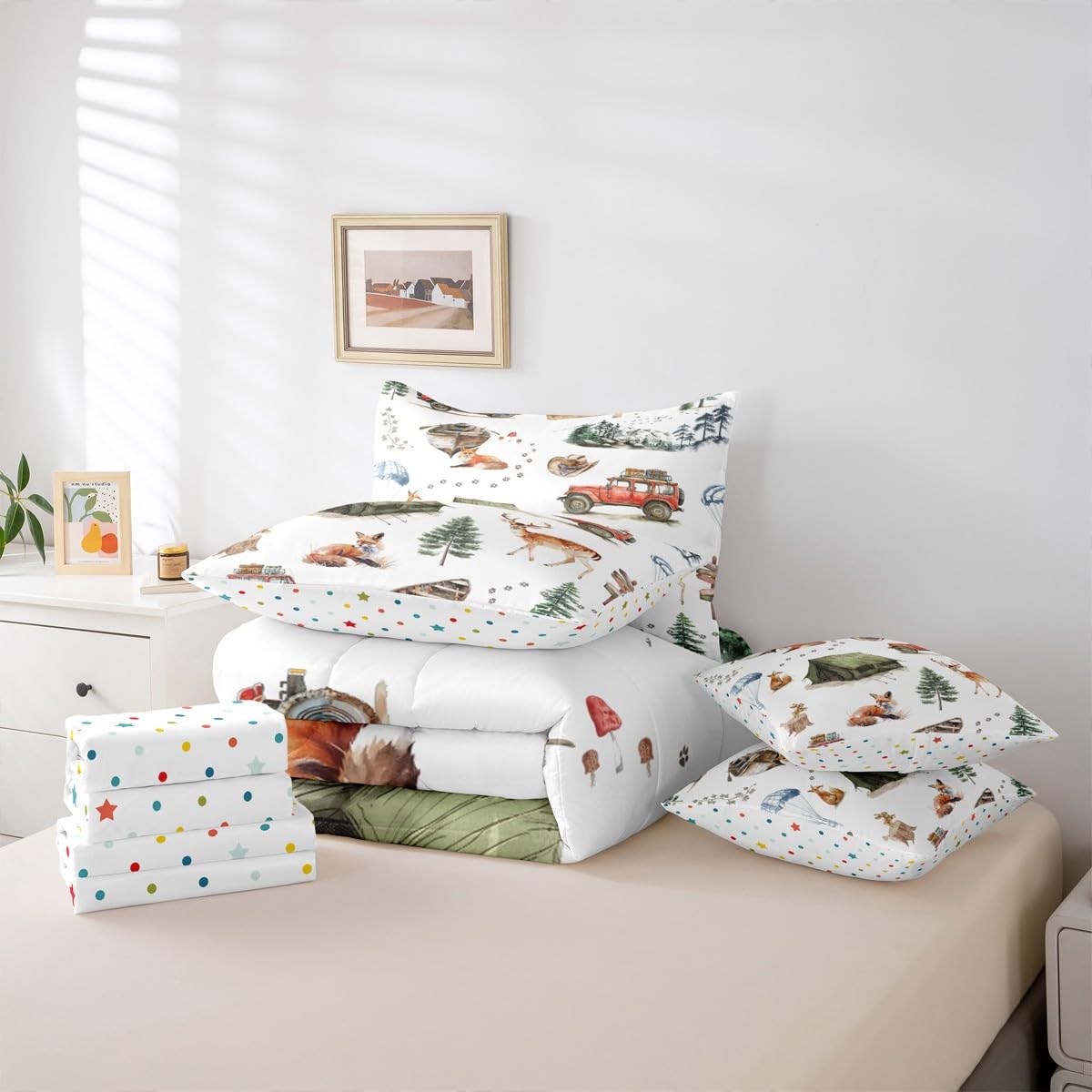 Erosebridal Wild Animal 7 Piece Comforter Set Twin Happy Camping Bed in A Bag Fox Deer Wildlife Woodland Animals Bedding Sets for Boys Girls Camper Car Western Cowboy Sheet Set with Comforter