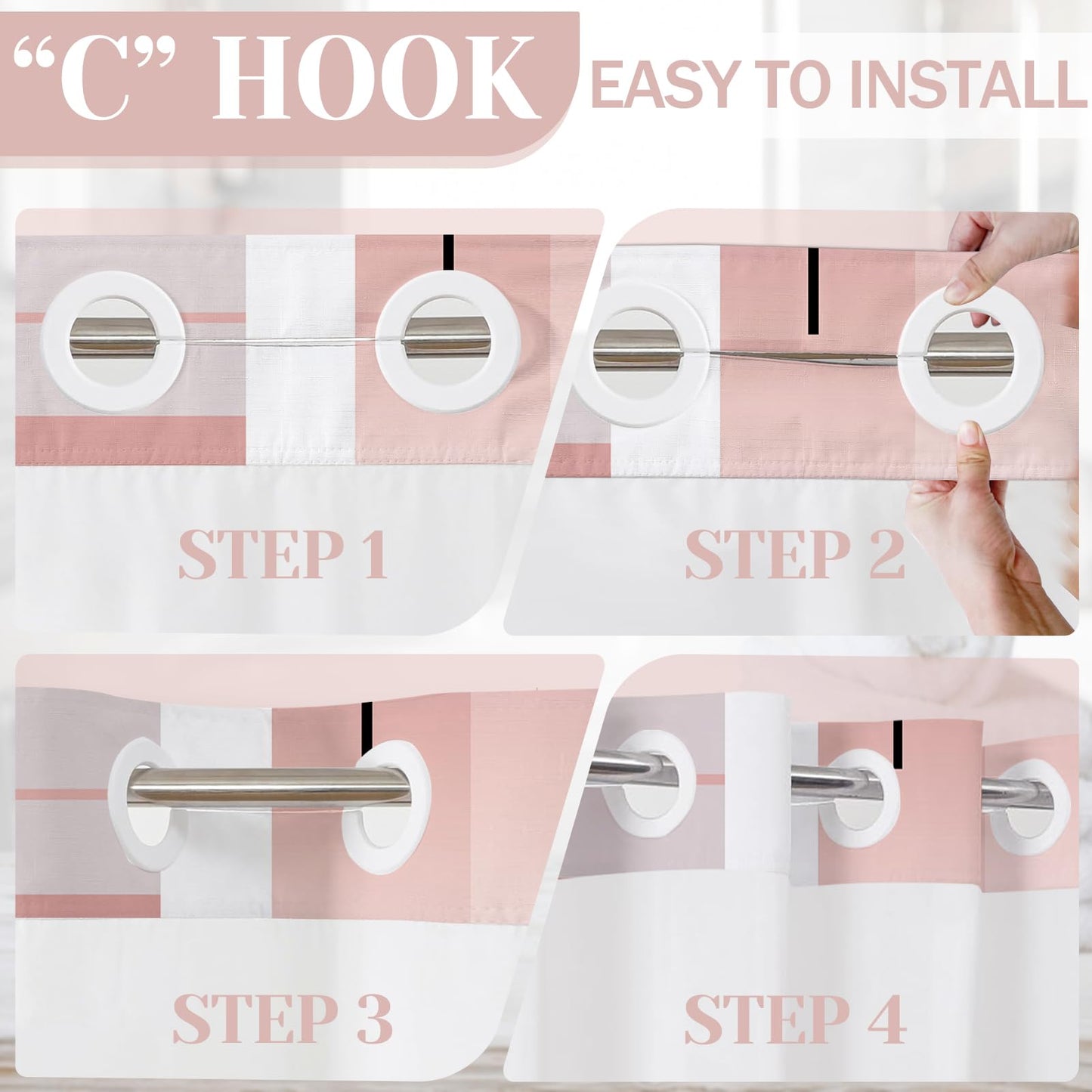 Pink Hookless Shower Curtain Set with Snap in Liner, Pink White Bathroom Decor, 71x74 Inches, Geometric Bathroom Curtain with Liner and See Through Top Window