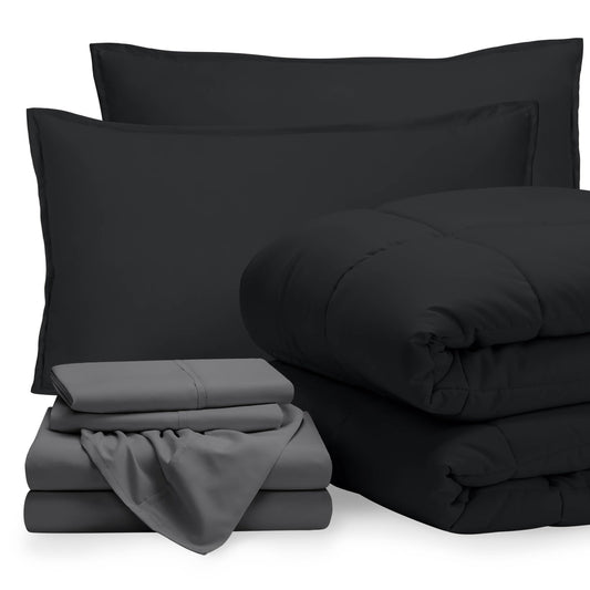 Bare Home Bed-in-A-Bag 7 Piece Comforter & Sheet Set - Full XL - Goose Down Alternative - Ultra-Soft 1800 Premium Bed Set (Full XL, Black/Grey)