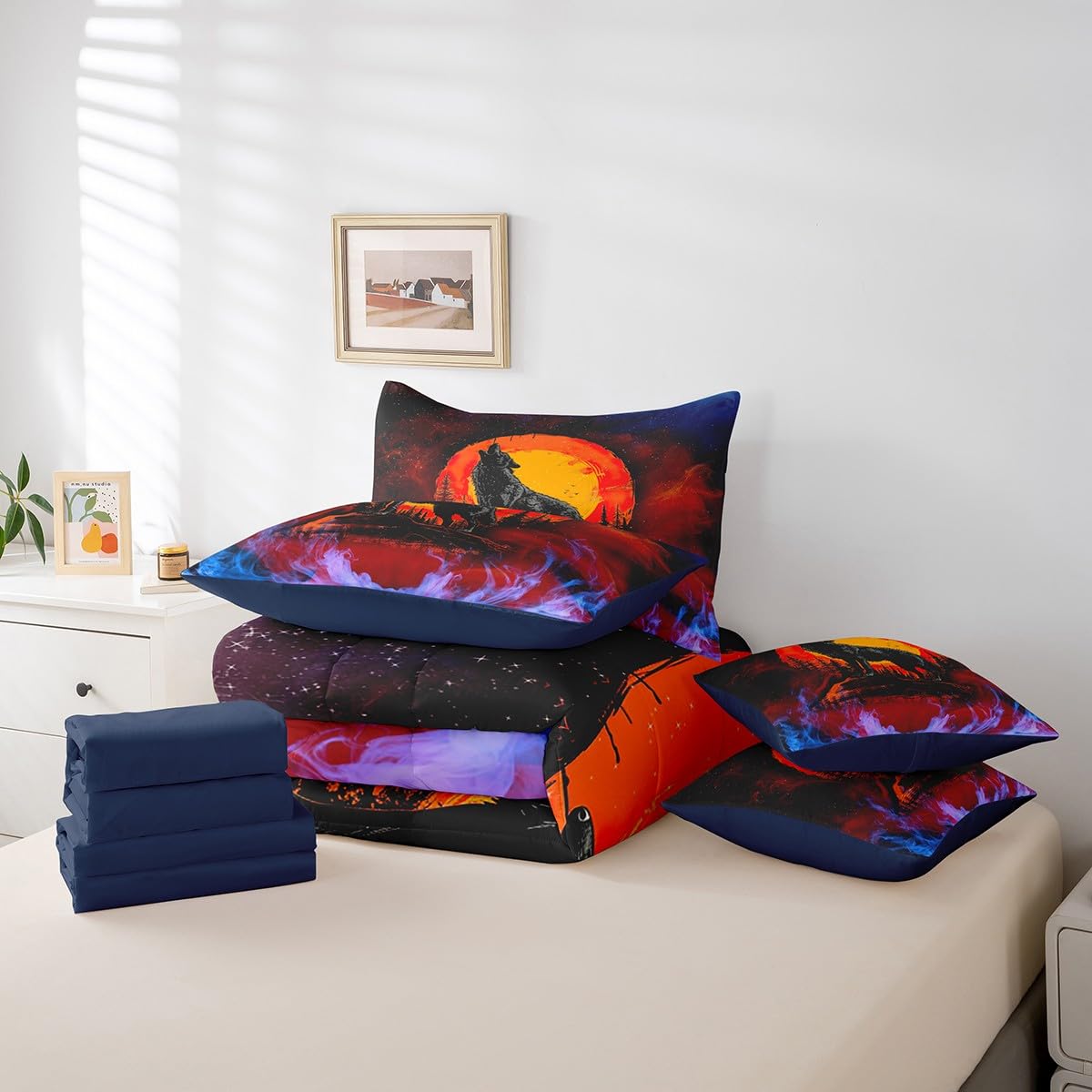 Feelyou Boys Girls Wolf Bed in A Bag Twin Size, Wolves Howling Comforter Set with Sheets Kids Western Wild Animal 7 Pieces Bedding Set Mountain Moon Teens Bed Set Bedroom Decor 7Pcs