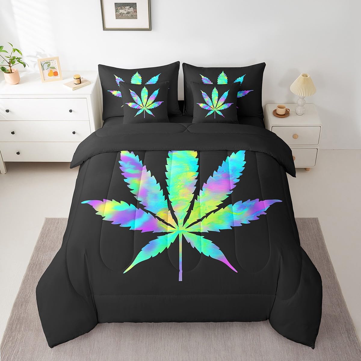 Erosebridal Leaves Full Size Bed Sheets and Comforter Set,Leaf 7 Piece Bedding Set Rainbow Botanical Bed in a Bag, Artwork Plant Bed Sets