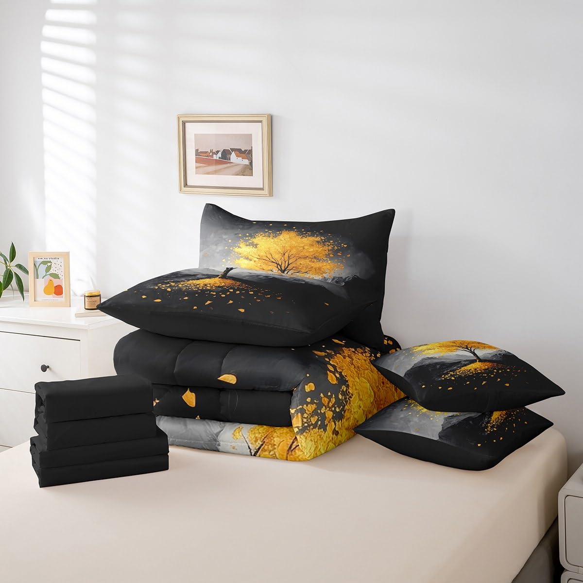 Gold Tree Branches Pattern 7 Pieces Bedding Set Twin Size Kids Leaf Branches Bed in a Bag with Comforter, Sheets, Pillowcases Smoky Mountain Bed Set Breathable Botanical Room Comforter Set with Sheets