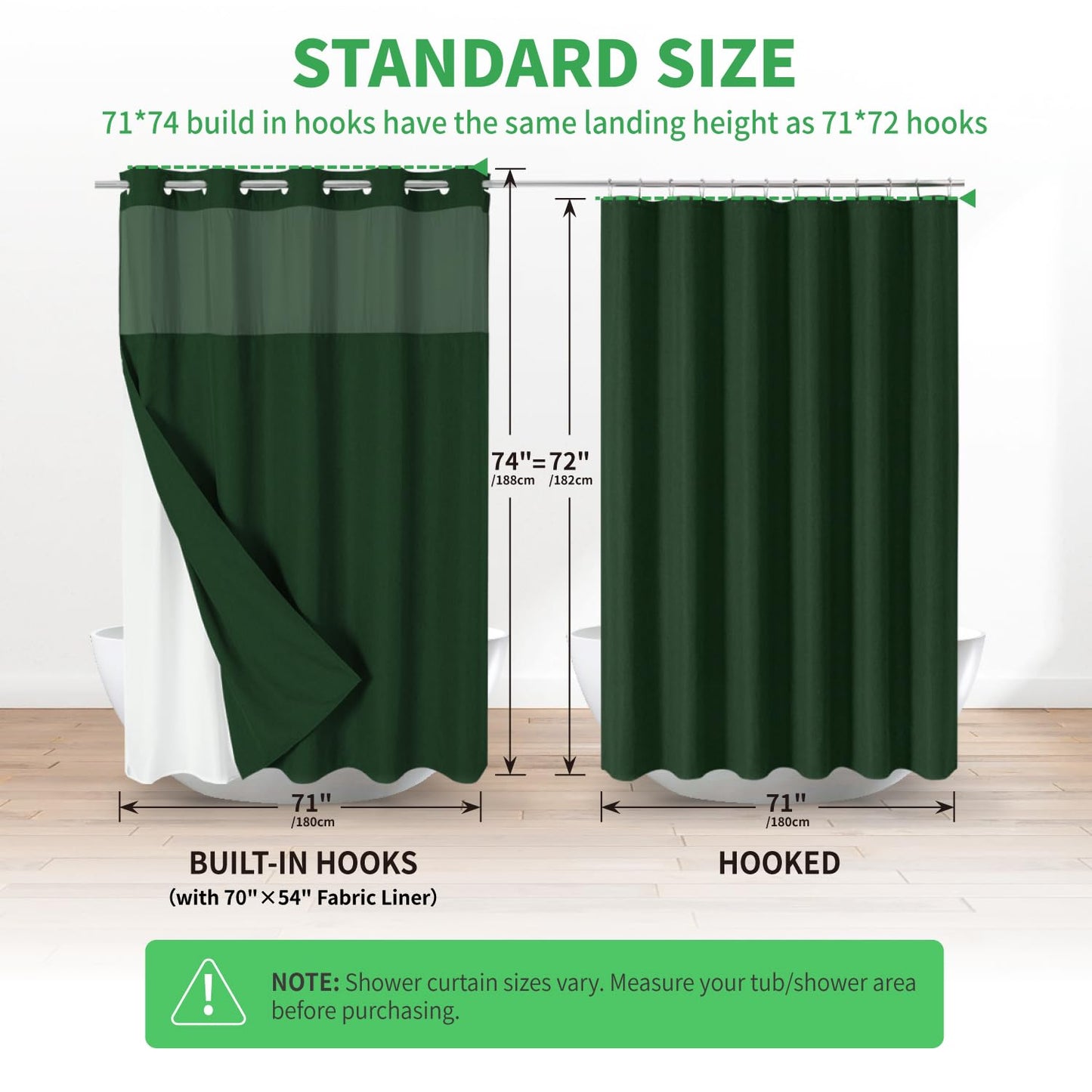 eachope No Hooks Needed Linen Textured Shower Curtain with Snap-in Fabric Liner Set,Hotel Luxury Decor Shower Curtains for Bathroom with Mesh Top Window,Waterproof & Washable,71Wx74H,Emerald Green